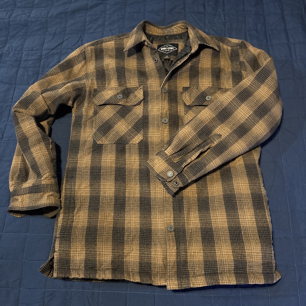 Work N Sport Brown Plaid Snap‎ Button Mens Jacket Sz M Very Good Fits Smaller